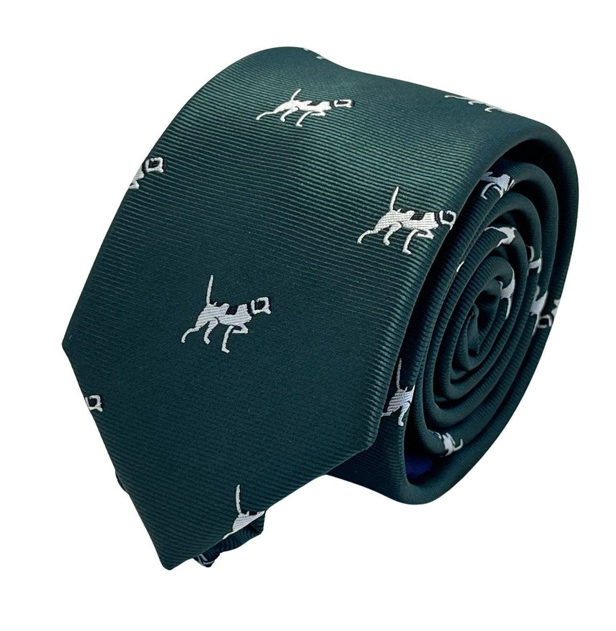 Dark forest racing green tie with beagle bloodhound hunting gun dog design