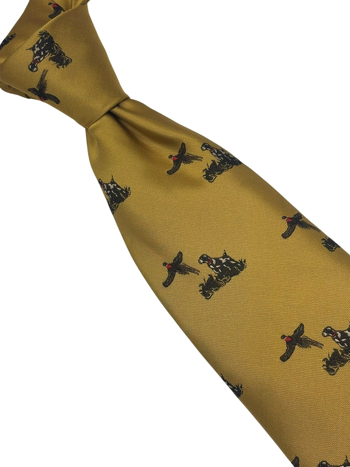 mustard tie with hunting dog and pheasant design