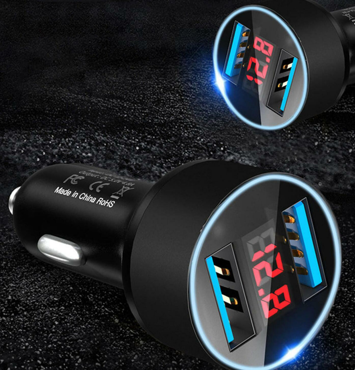 USB Car Twin Charging Point 12v with LED Battery Voltage display In Orange