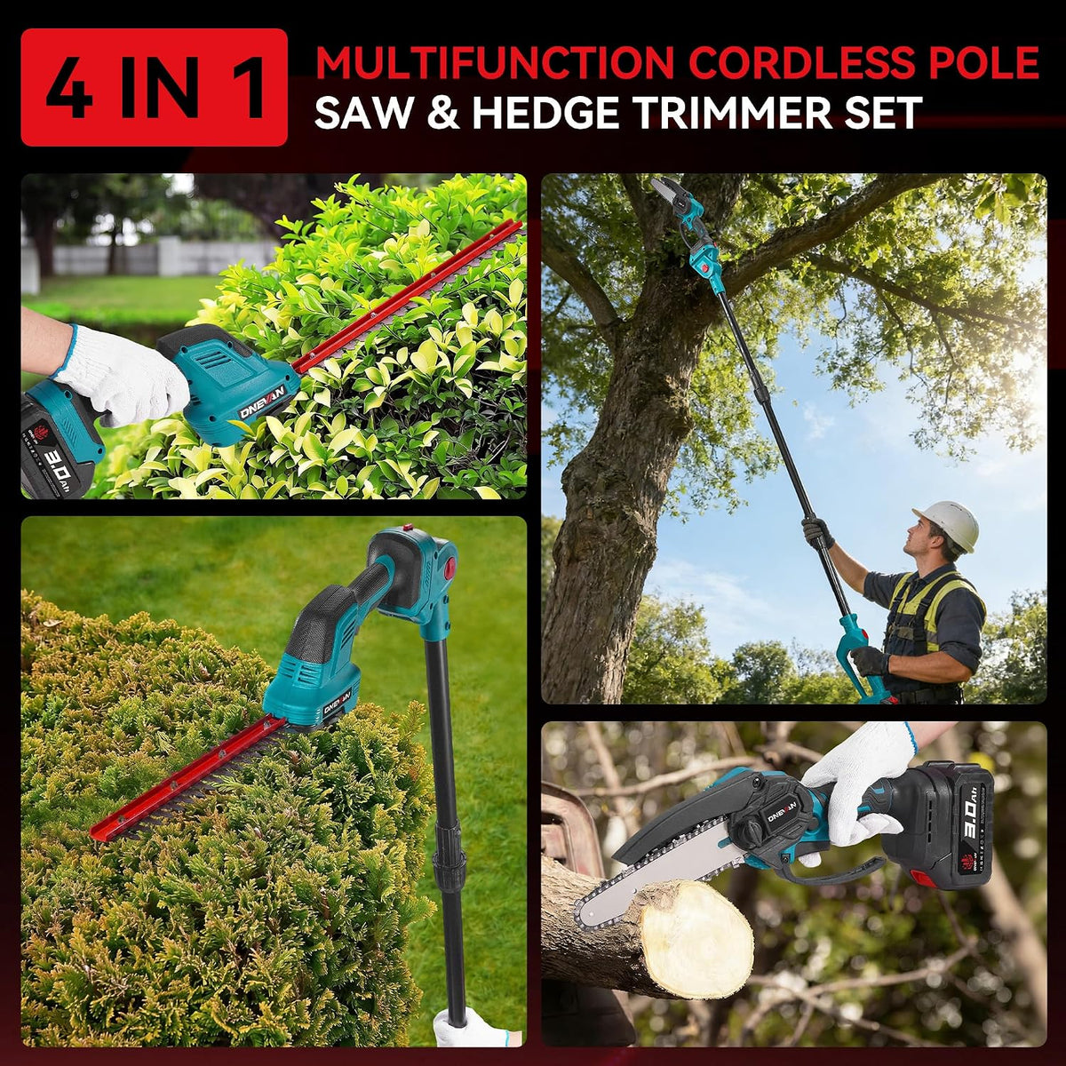 Cordless Pole Hedge Trimmer Pole Saw 4 in 1 7.05FT Extension ONEVAN Garden Tool