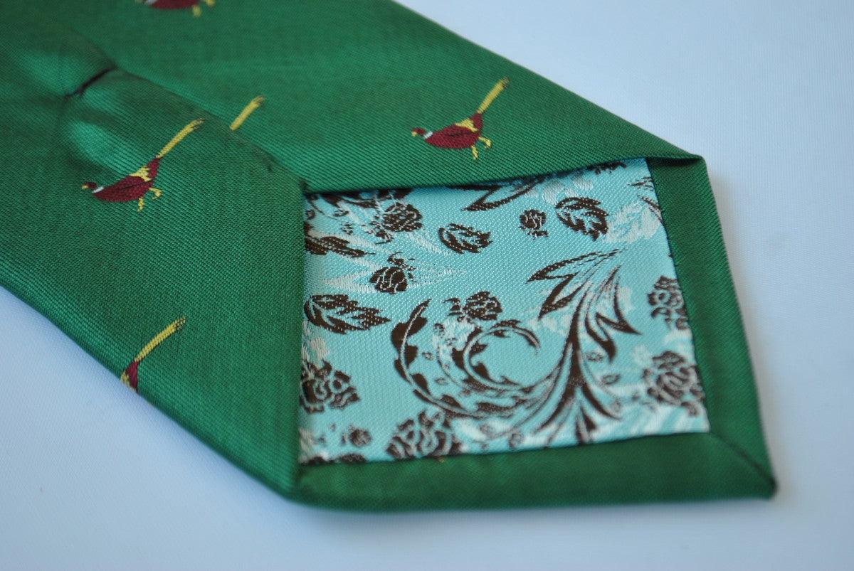 dark green tie with pheasant design
