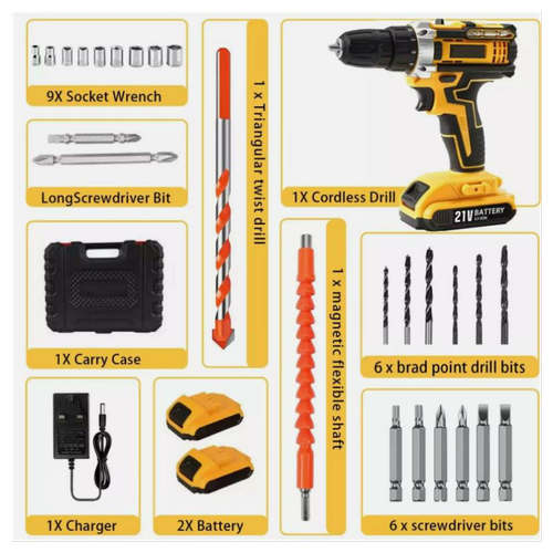 21V Cordless Drill Combi Driver 2 Battery High Power Electric Screwdriver Set UK