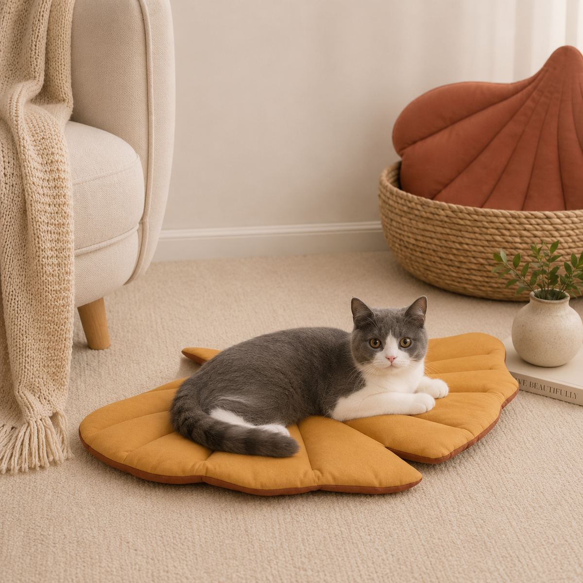 Leaf Shaped Pet Bed – Reversible Soft Washable Non Slip Cushion Mat for Cats & Dogs