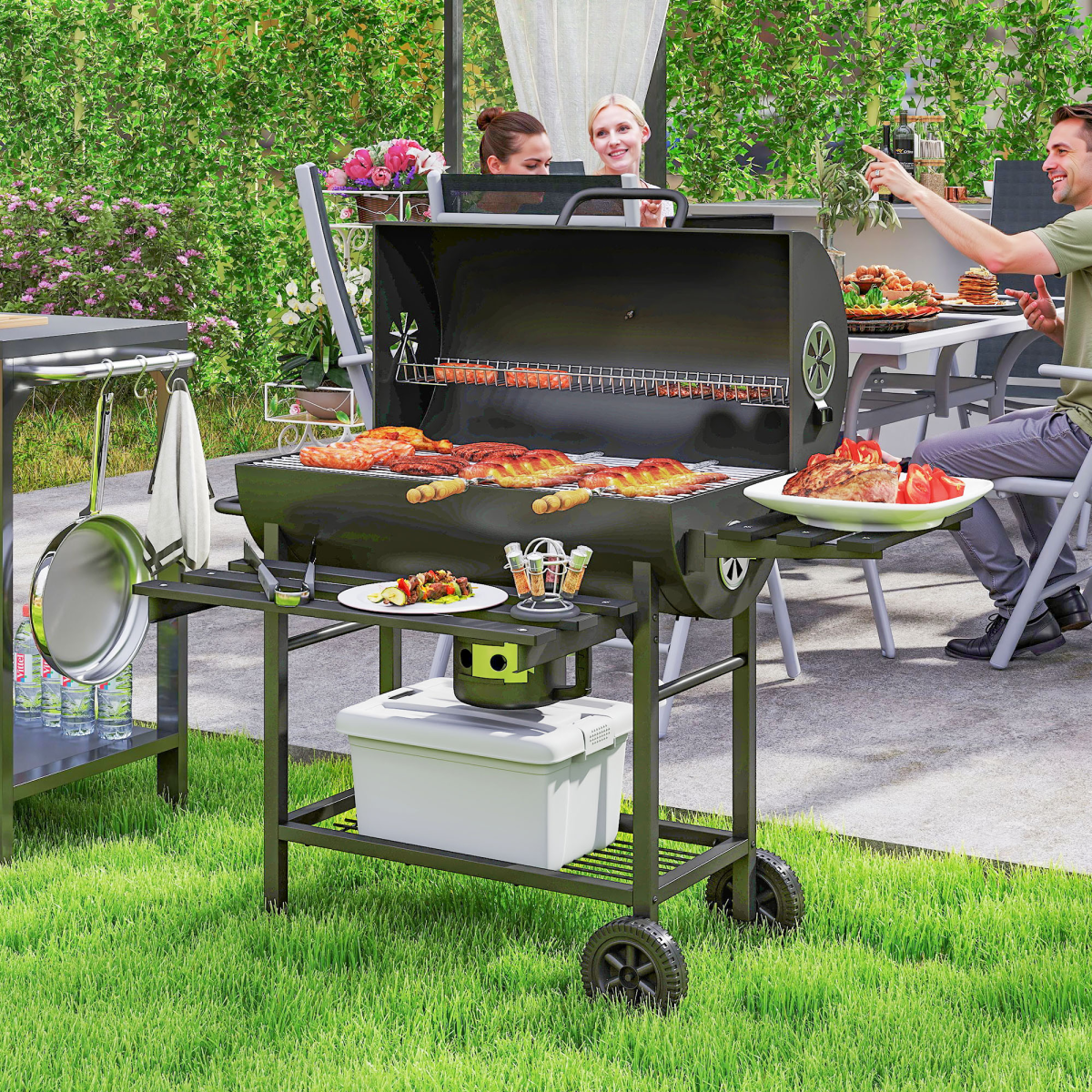 Outsunny Charcoal BBQ Grill with Warming Rack Shelves Temperature Gauge