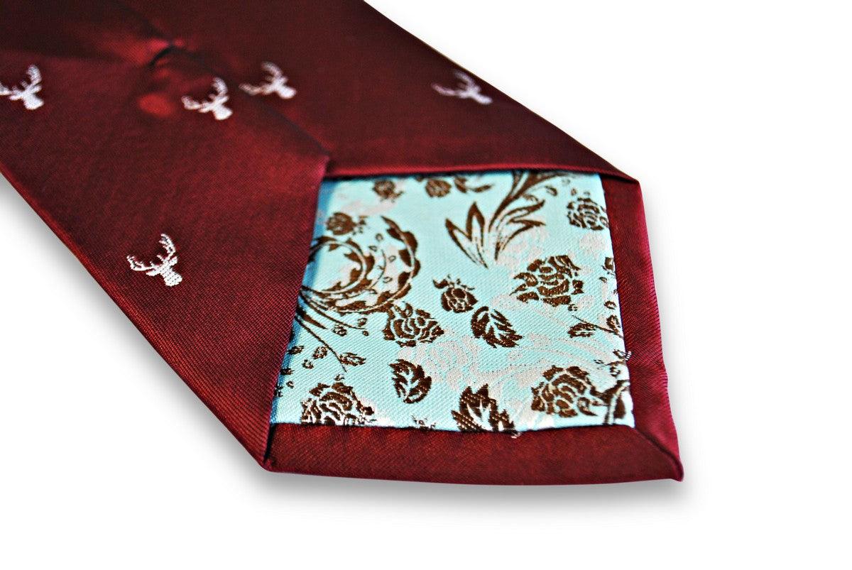 burgundy tie with white stag deer head silhouette design