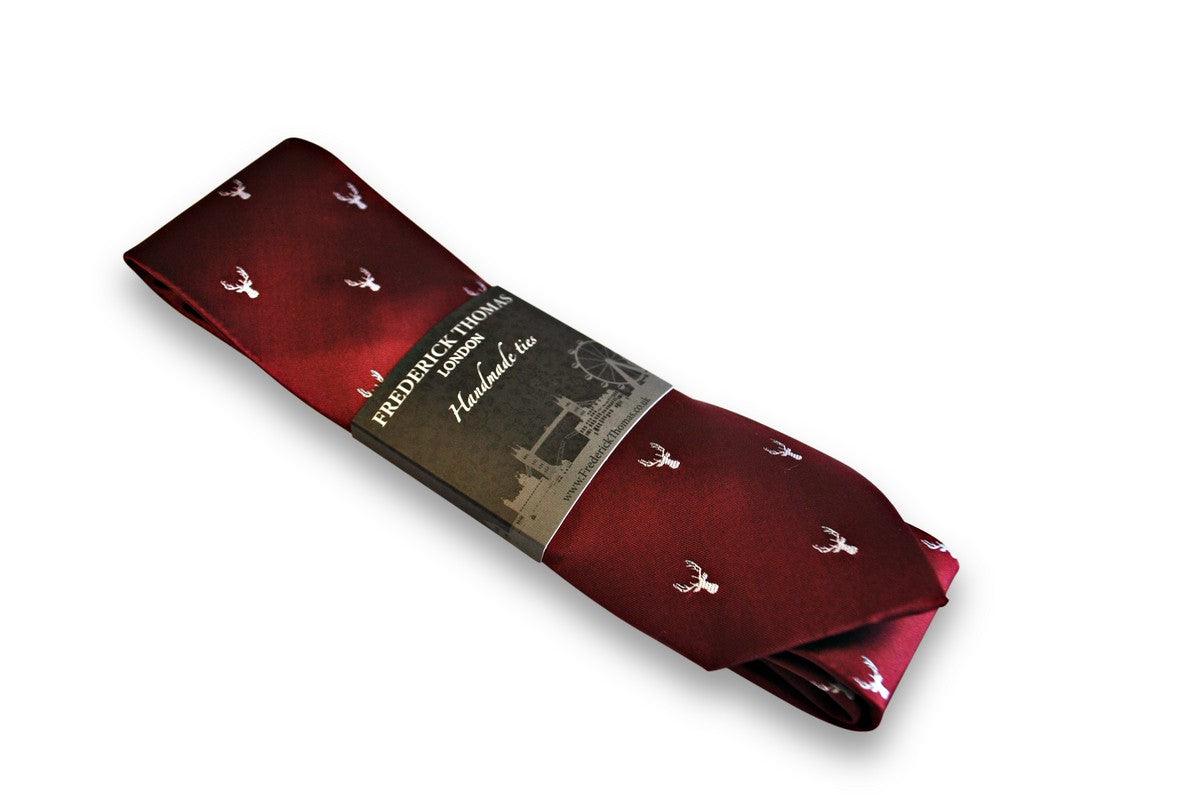 burgundy tie with white stag deer head silhouette design