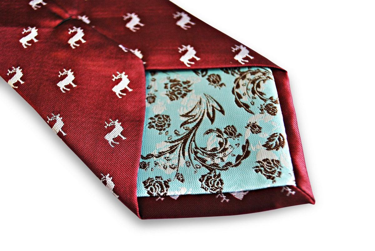 maroon red tie with white stag deer silhouette design