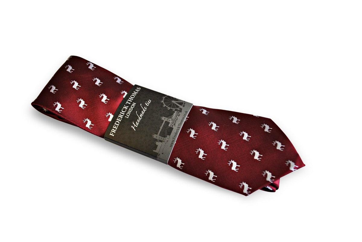 maroon red tie with white stag deer silhouette design