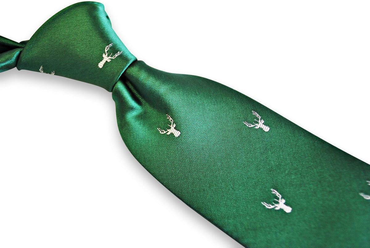 green tie with white stag deer head silhouette design
