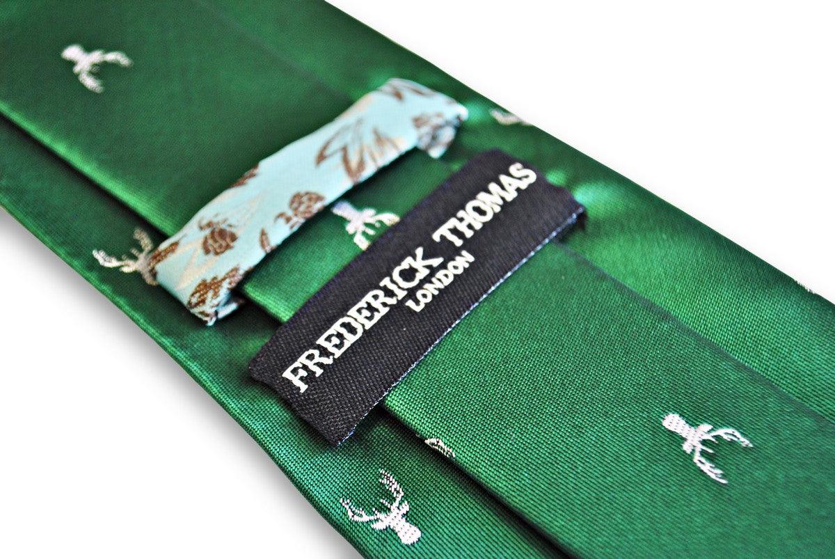 green tie with white stag deer head silhouette design