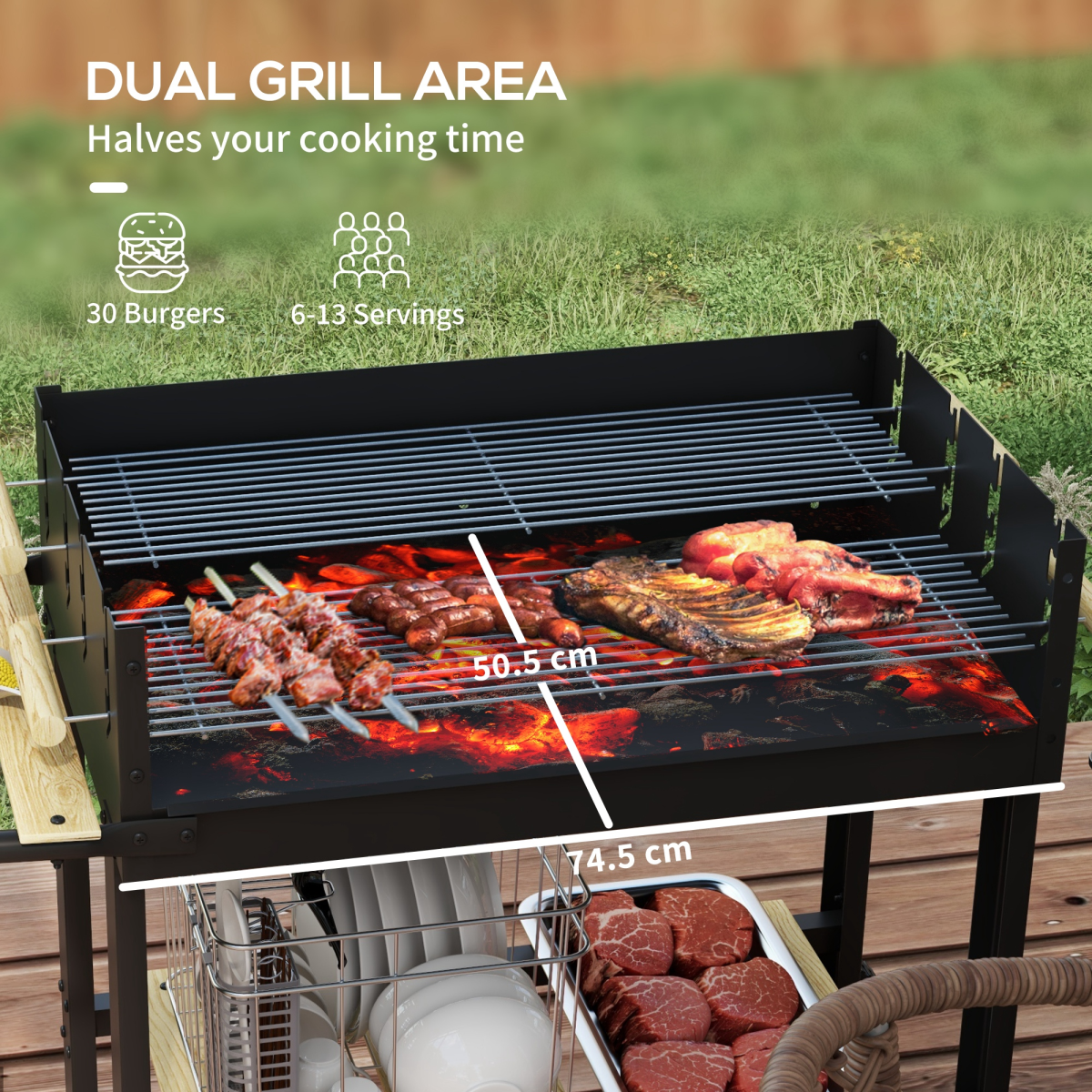 Outsunny Charcoal BBQ Grill with Side Table, Storage Shelf and Wheels