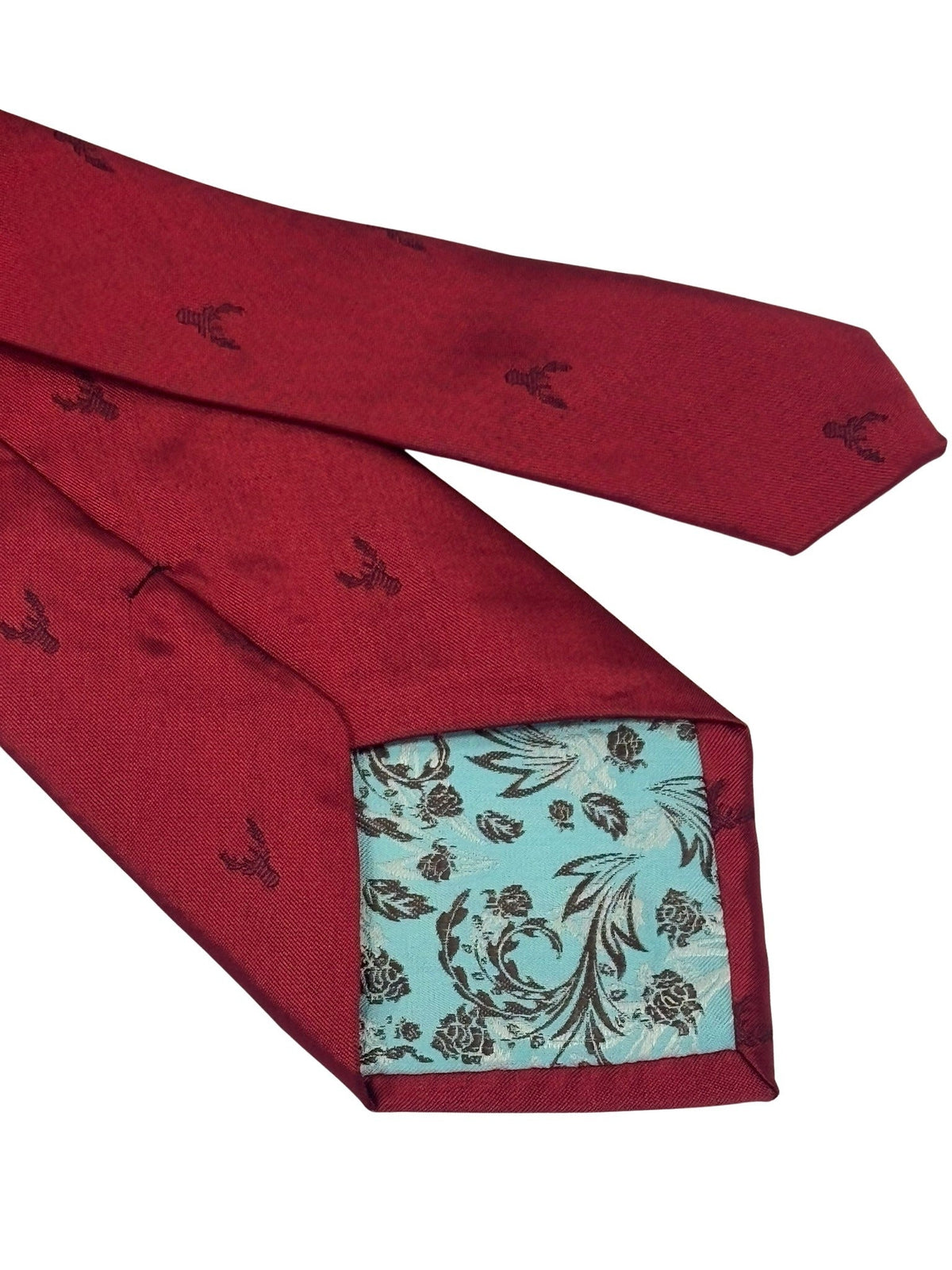 dark red tie with embroidered burgundy deer head design