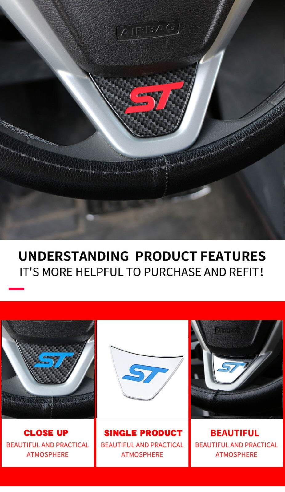 Ford Fiesta ST MK7 MK7.5 Carbon Fibre Effect Steering Wheel Badge Trim Red ST