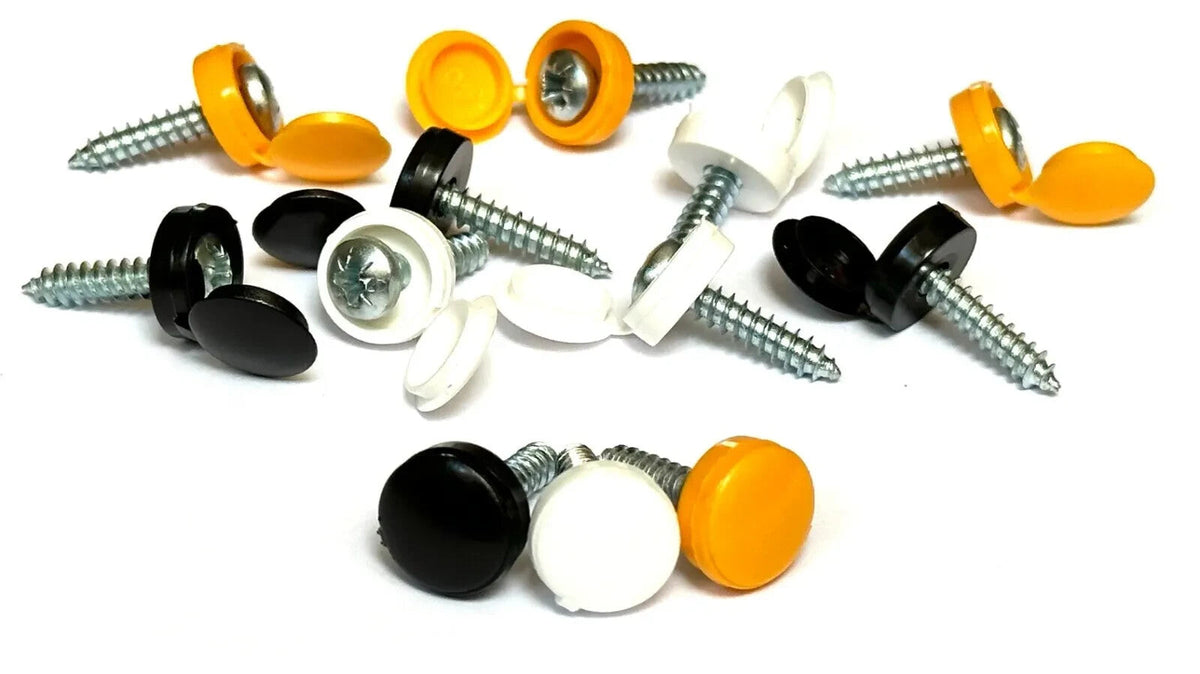 Number Plate Fitting Kit Screws Caps White Yellow Black UK Car Van Bike Set Pack