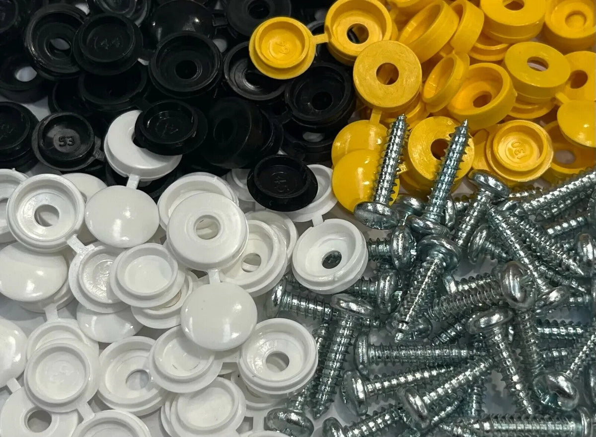 Number Plate Fixing Screws & Caps Kit White Yellow Black For UK Cars Vans Trucks