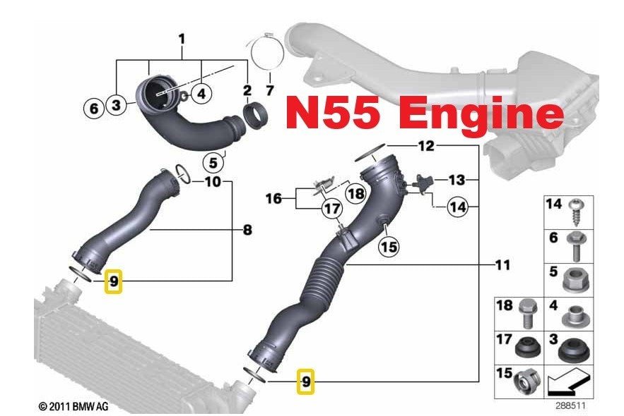 BMW Turbo Intercooler Hose & Seal 13718596850 for 1,2,3,4,5,6,7,8,X Series | UK.