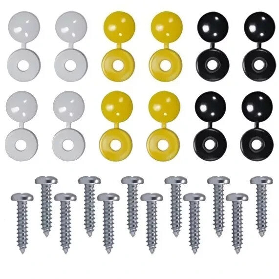 Number Plate Fixing Screws & Caps Kit White Yellow Black For UK Cars Vans Trucks