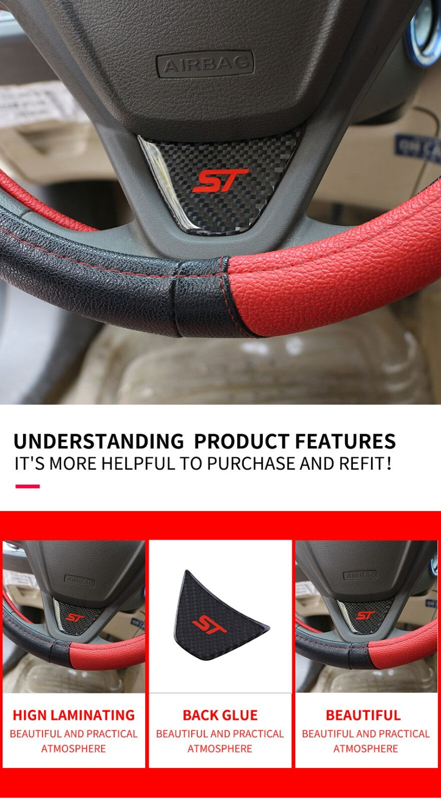 Ford Fiesta ST MK7 MK7.5 Carbon Fibre Effect Steering Wheel Badge Trim Red ST