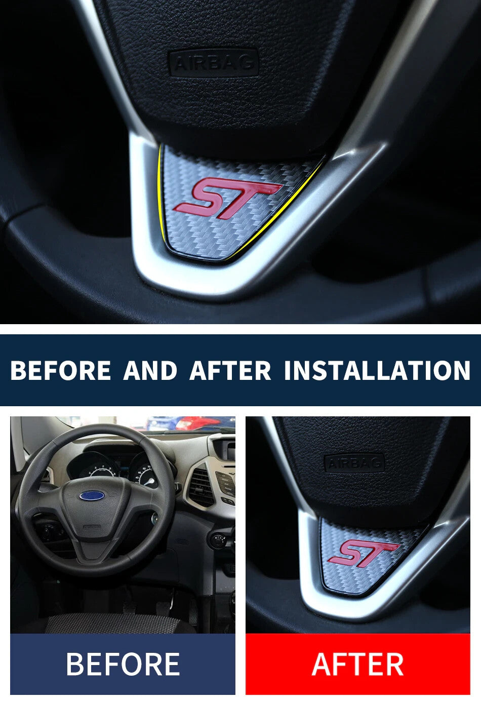 Ford Fiesta ST MK7 MK7.5 Carbon Fibre Effect Steering Wheel Badge Trim Red ST