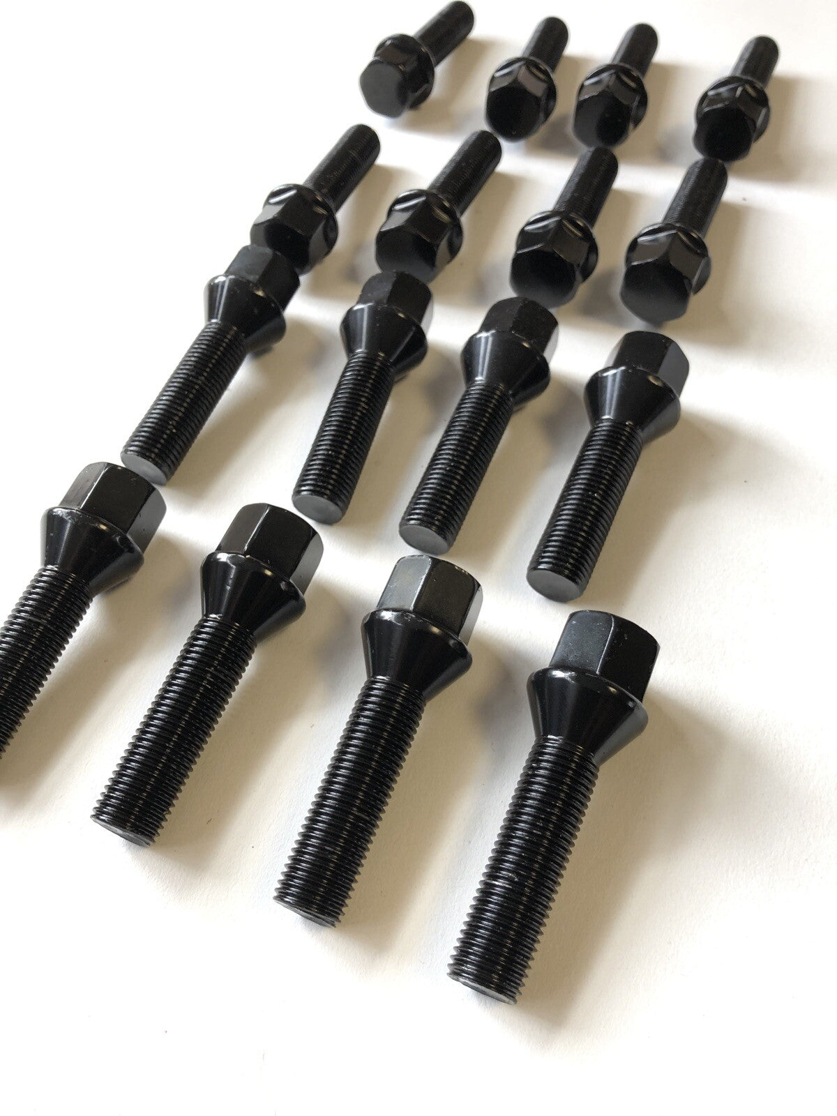 16 Black Extended Wheel Bolts 45mm Thread  M14 x 1.5 Hex Head Tapered Cone