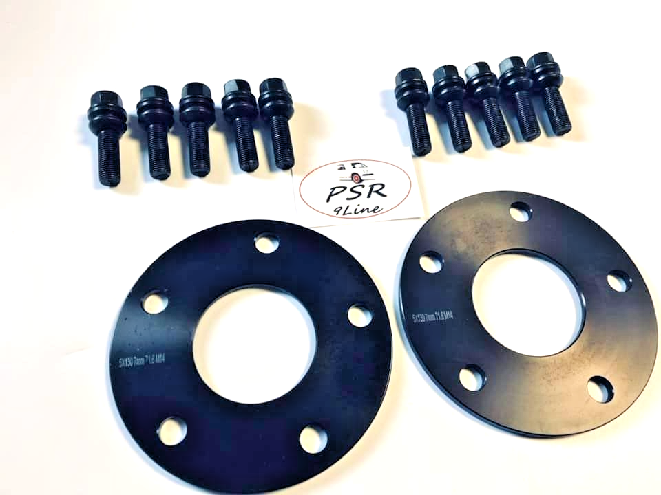 Black Porsche Wheel Spacers 7mm 5x130 Kit with Extended O.E Bolts  HubCentric.