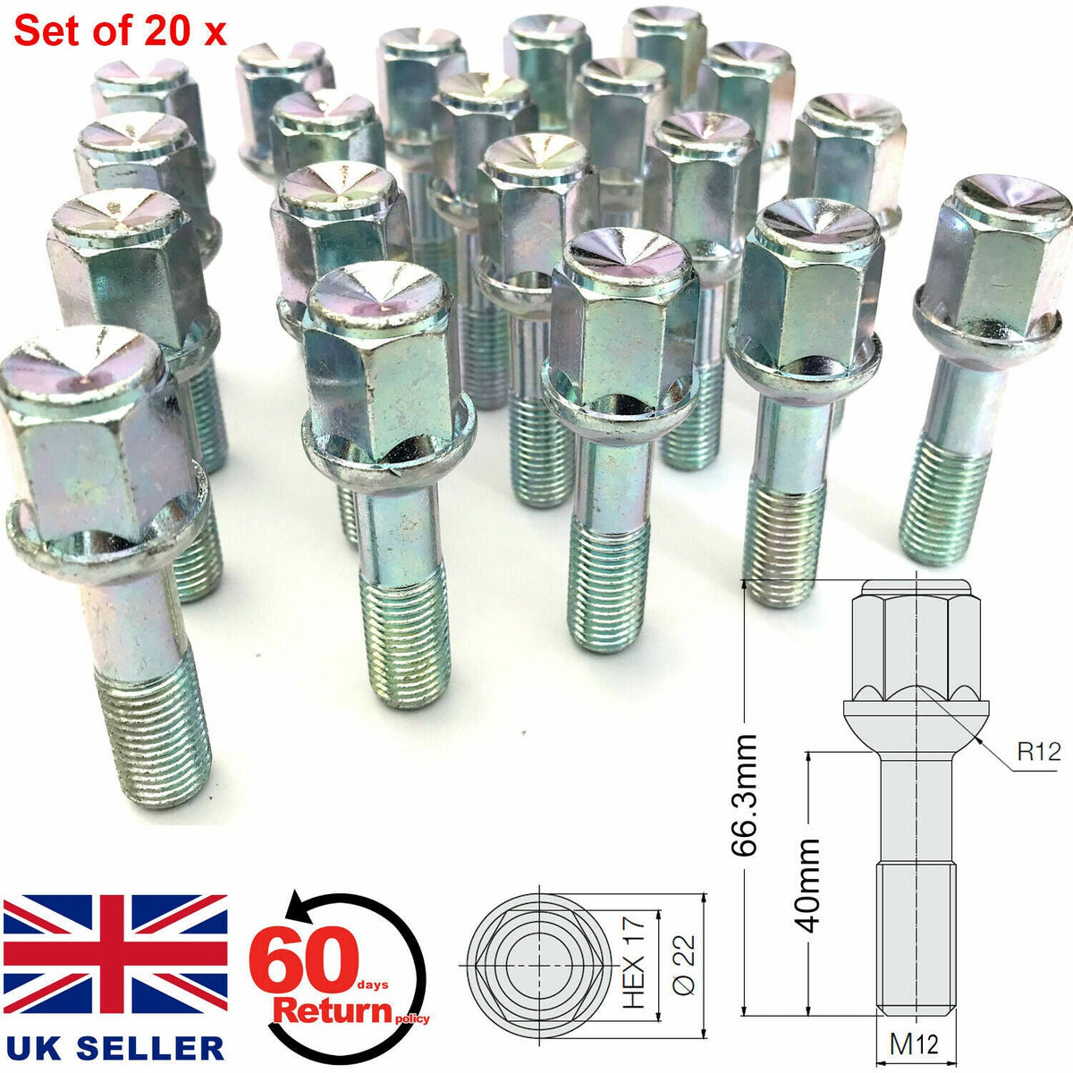 Mercedes Benz Alloy Wheel bolts for Older Models M12x1.5 40mm 17mm x20pcs