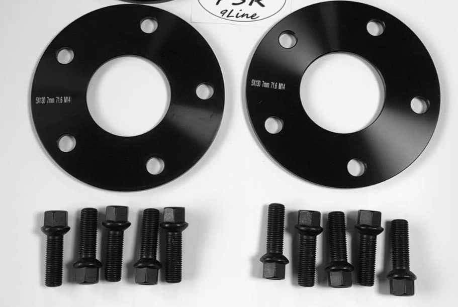 Porsche Wheel Spacers 7mm + Extended AF Bolts Set Of 2 in Black 5x130 PSR9Line