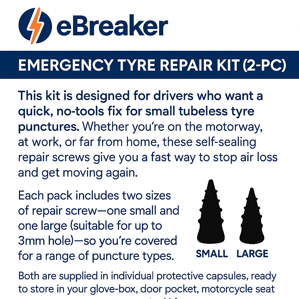 Tyre Repair Screws Kit – Quick Temporary Fix Plugs For Punctures # 2pcs 2 sizes.