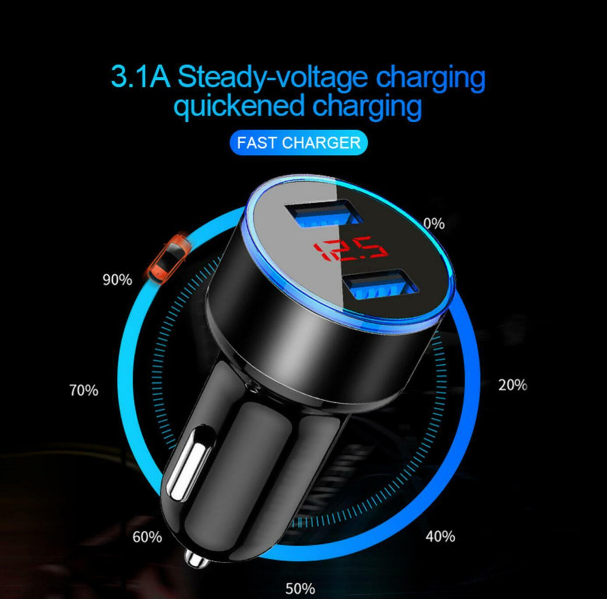 USB Car Twin Charging Point 12v with LED Battery Voltage display In Orange