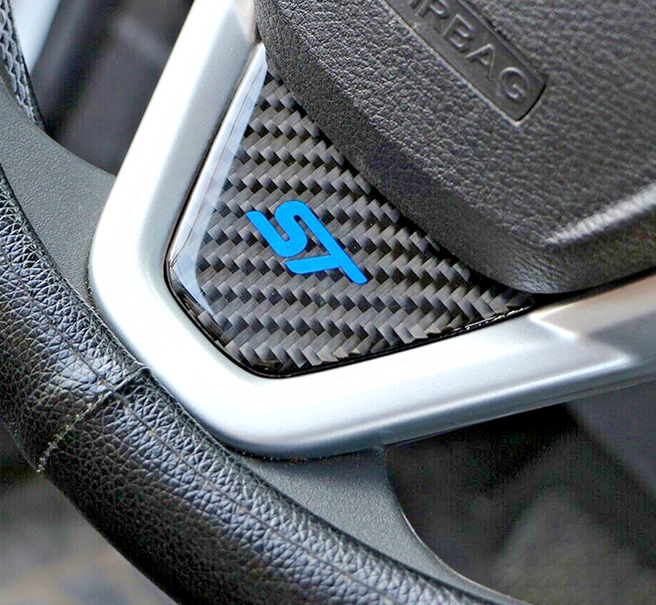 Ford Fiesta ST MK7 MK7.5 Carbon Fibre Effect Steering Wheel Badge Trim Blue ST