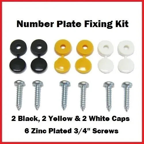 Number Plate Fitting Kit Screws Caps White Yellow Black UK Car Van Bike Set Pack