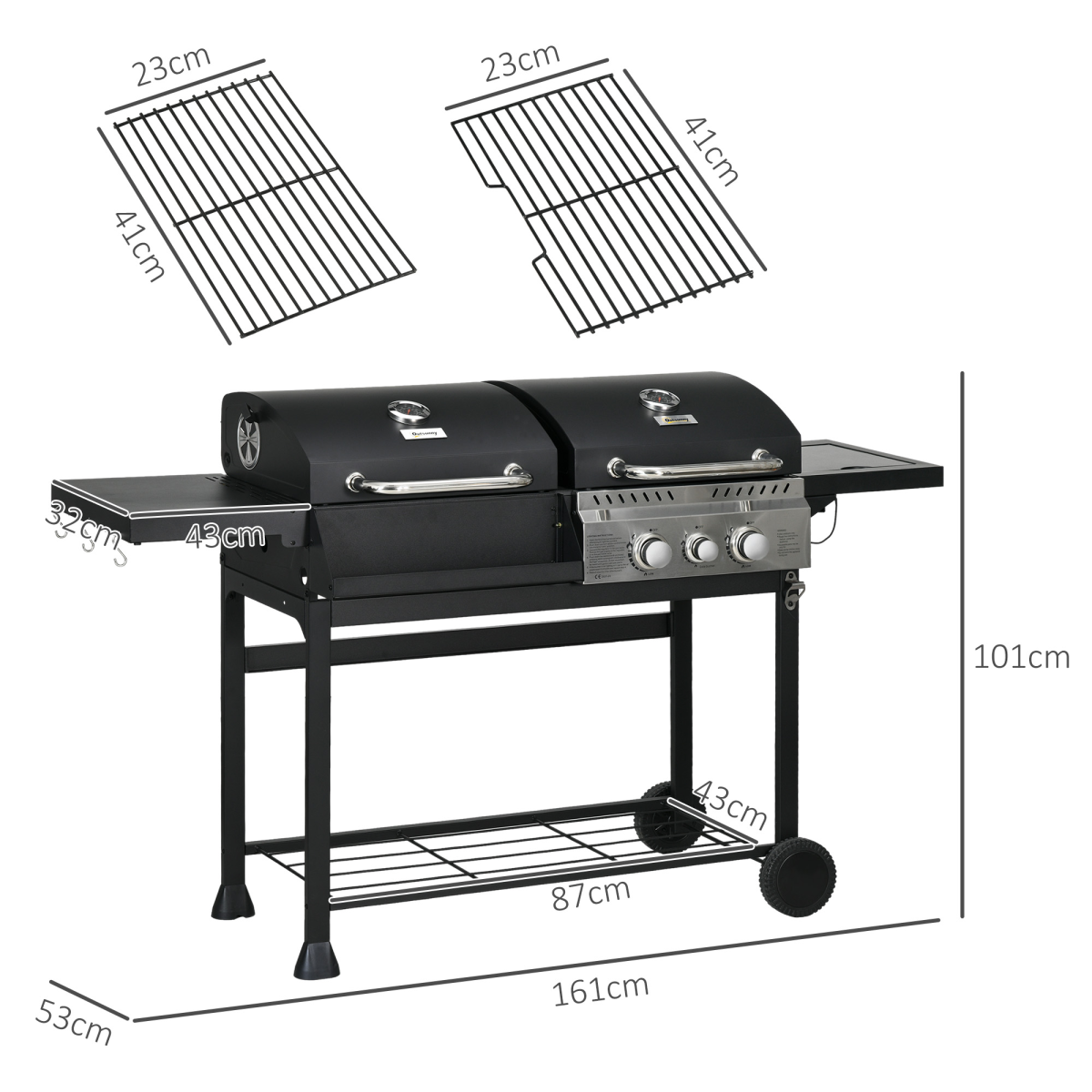 Outsunny Dual Fuel BBQ Grill with Wheels, Warming Rack, Black