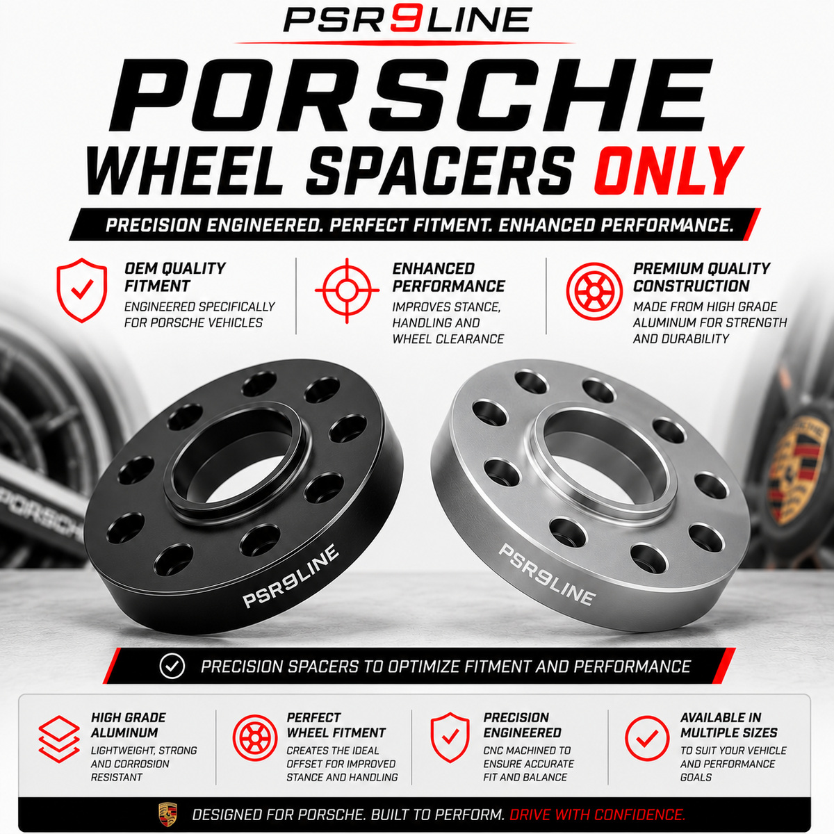 Porsche Wheel Spacers Only | 7mm 12mm 15mm 20mm | Silver or Black | 5x130 PSR9Line