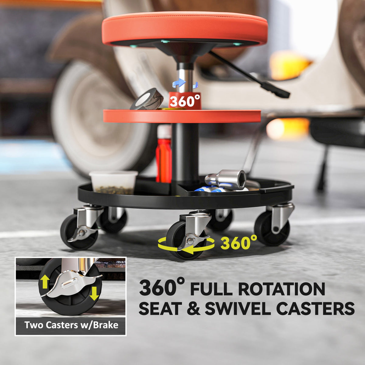 HOMCOM Rolling Mechanic Stool, 135kg Capacity Workshop Stool, 360° Swivel Roller Padded Creeper Seat with Wheels, Tool Trays Storage for Garage, Shop, Auto Repair, Yellow