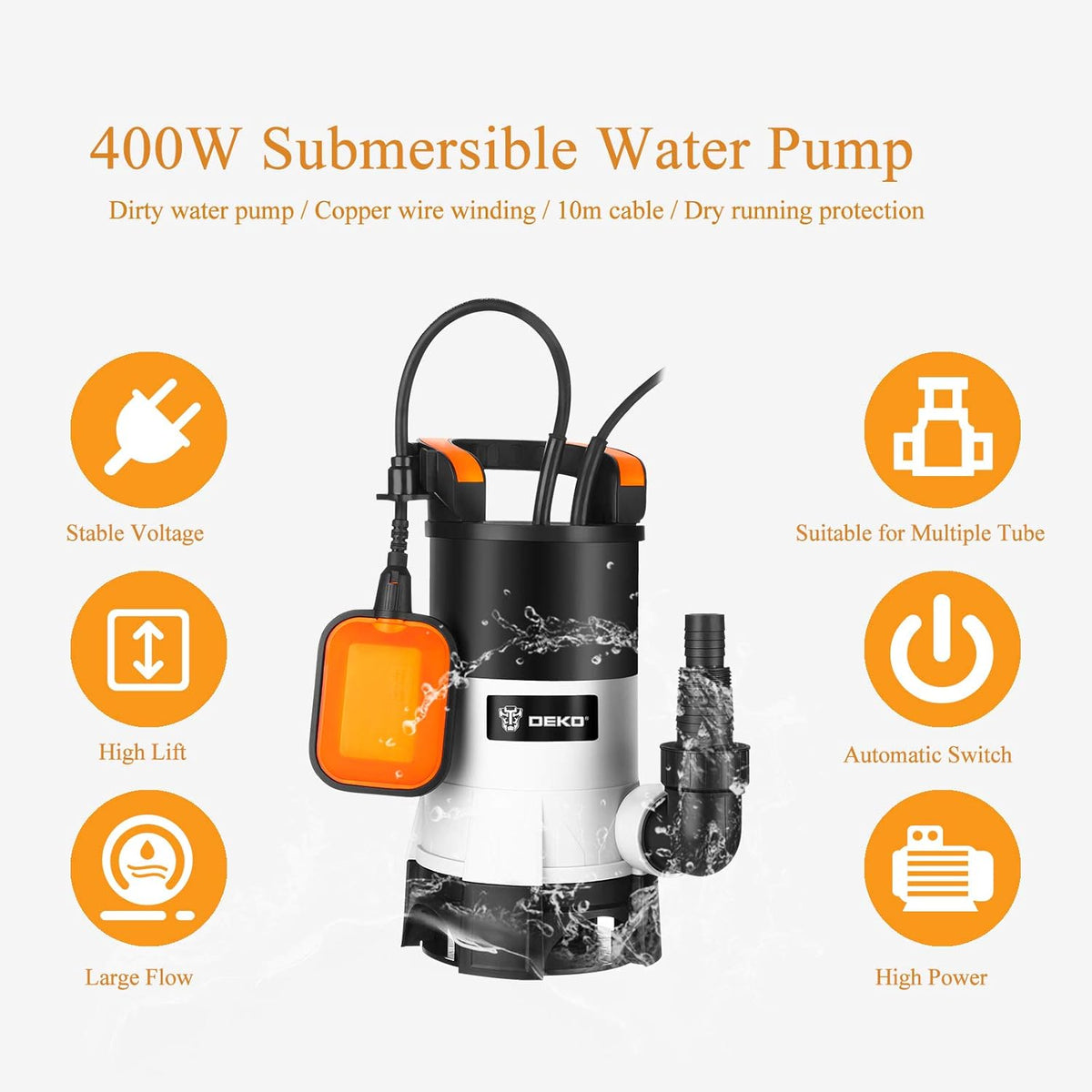 Submersible Water Pump 400W 8000L/h Float Switch Garden Pool DEKO Electric