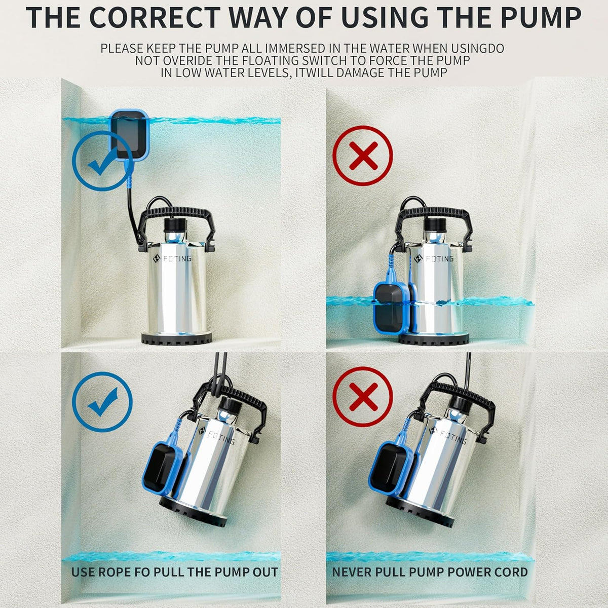 Submersible Water Pump 400W 8250L/H Stainless Steel Float Switch FOTING