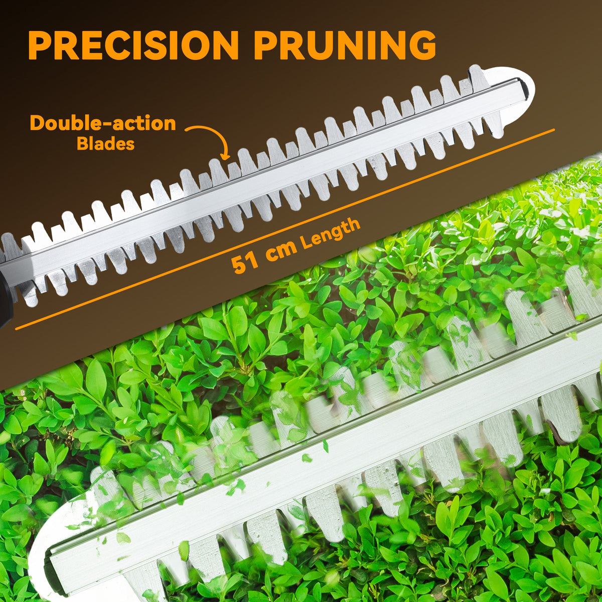 Outsunny Cordless Hedge Trimmer, Electric Hedge Cutter with 51cm Blade, Brushless Motor and 2 x 4.0Ah Batteries for Branches, Shrubs, Twigs, Orange