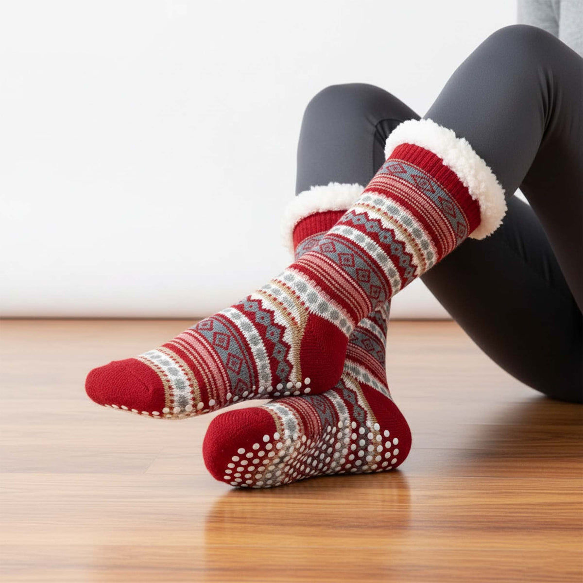 Womens Winter Warm Fur Lined Non-Slip Lounge Socks