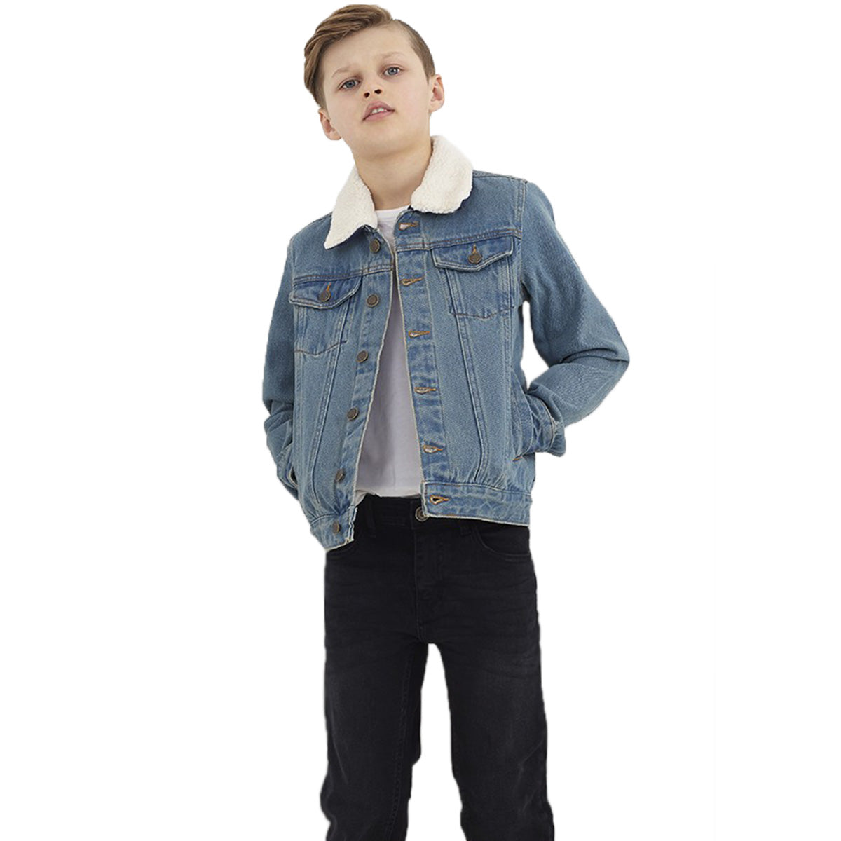 Kids Boys Cotton Denim Jacket with Detachable Borg Collar