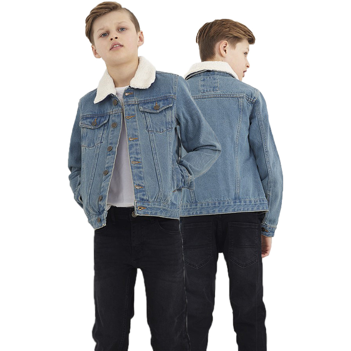 Kids Boys Cotton Denim Jacket with Detachable Borg Collar