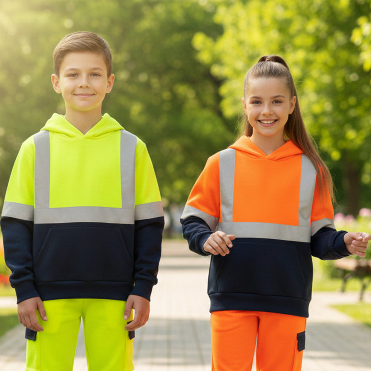Kids Unisex Hi-Vis Reflective Pullover Hoodie | Two-Tone Safety Top