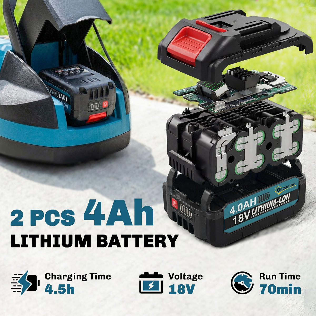 Outsunny 18V Cordless Lawnmower with 2 x 4Ah Batteries & Charger, Battery Lawn Mower with 21cm Cutting Width, 3 Cutting Heights