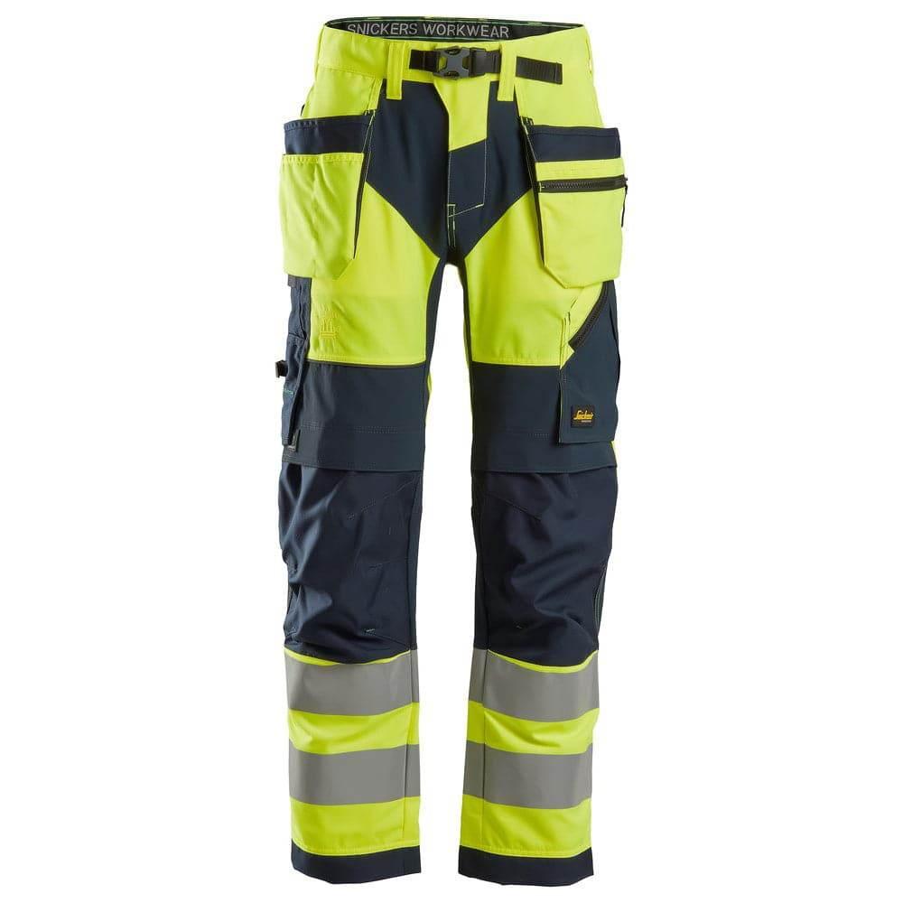 Snickers 6932 FlexiWork Hi-Vis Work Trousers Holster Pockets CL2 Yellow 36" Waist - 37" Leg - Snickers Size 252