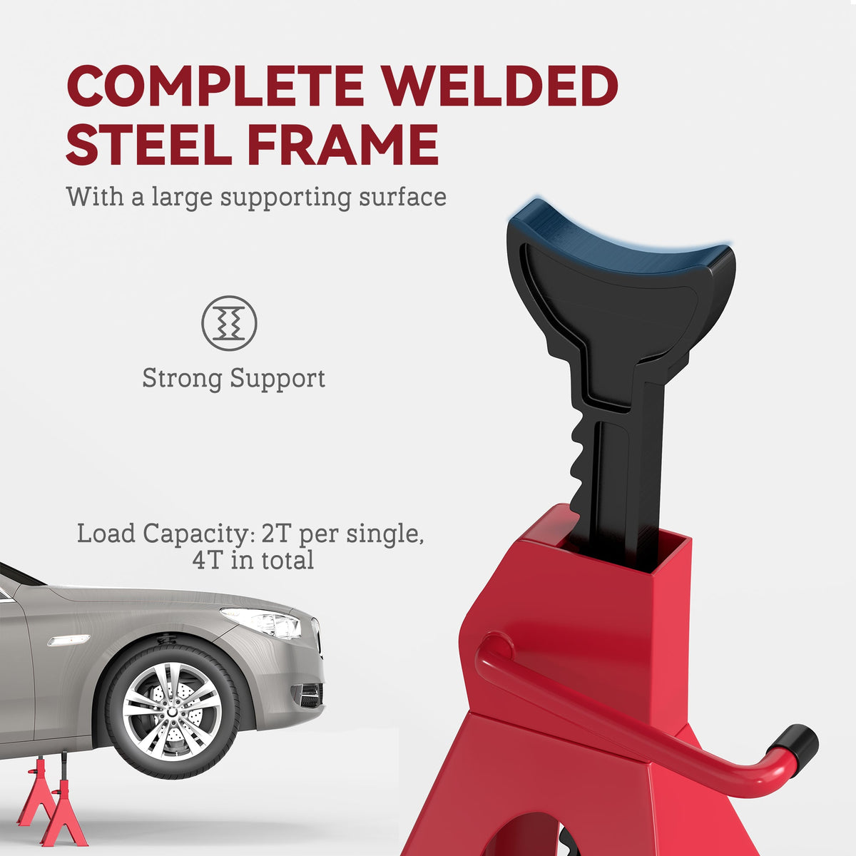 HOMCOM Axle Stands 2 Ton Car Jack Stands Pack of 2, 28-42.5 cm Height Adjustable Support Jack Stand, Heavy Duty Car Lift Tool for Vehicles, Caravans, Workshops, Garages, Red