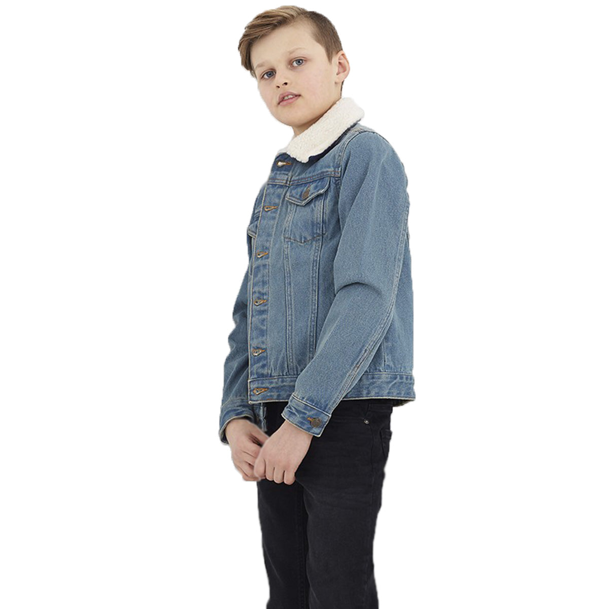 Kids Boys Cotton Denim Jacket with Detachable Borg Collar