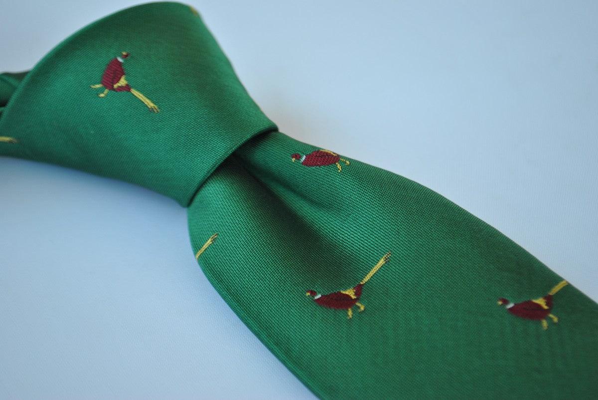 dark green tie with pheasant design