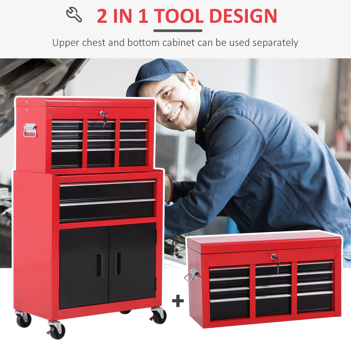 HOMCOM Tool Chest, Metal Tool Cabinet on Wheels with 6 Drawers, Pegboard, Top Chest and Roller Cabinet Combo, 61.6 x 33 x 108cm, Red and Black