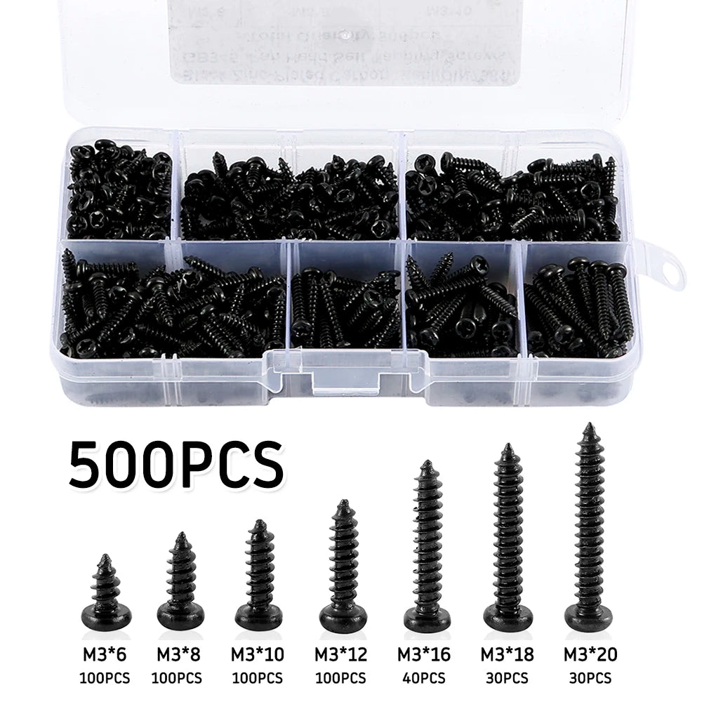 340/500pcs M3 Phillips Pan Head Screws Self Tapping Drilling Screws Assortment Kit Carbon Steel 6mm 8mm 10mm 12mm 16mm 18mm 20mm