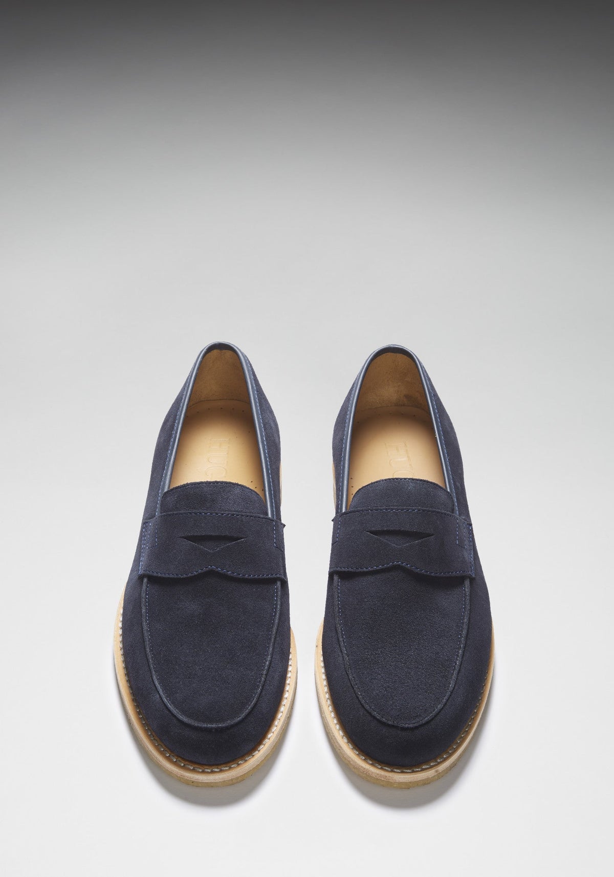 Blue Suede Loafers, Crepe Rubber Welted Sole