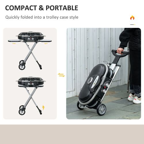 Foldable 2 Burner Gas BBQ Grill Trolley w/ Side Shelves Storage Pocket